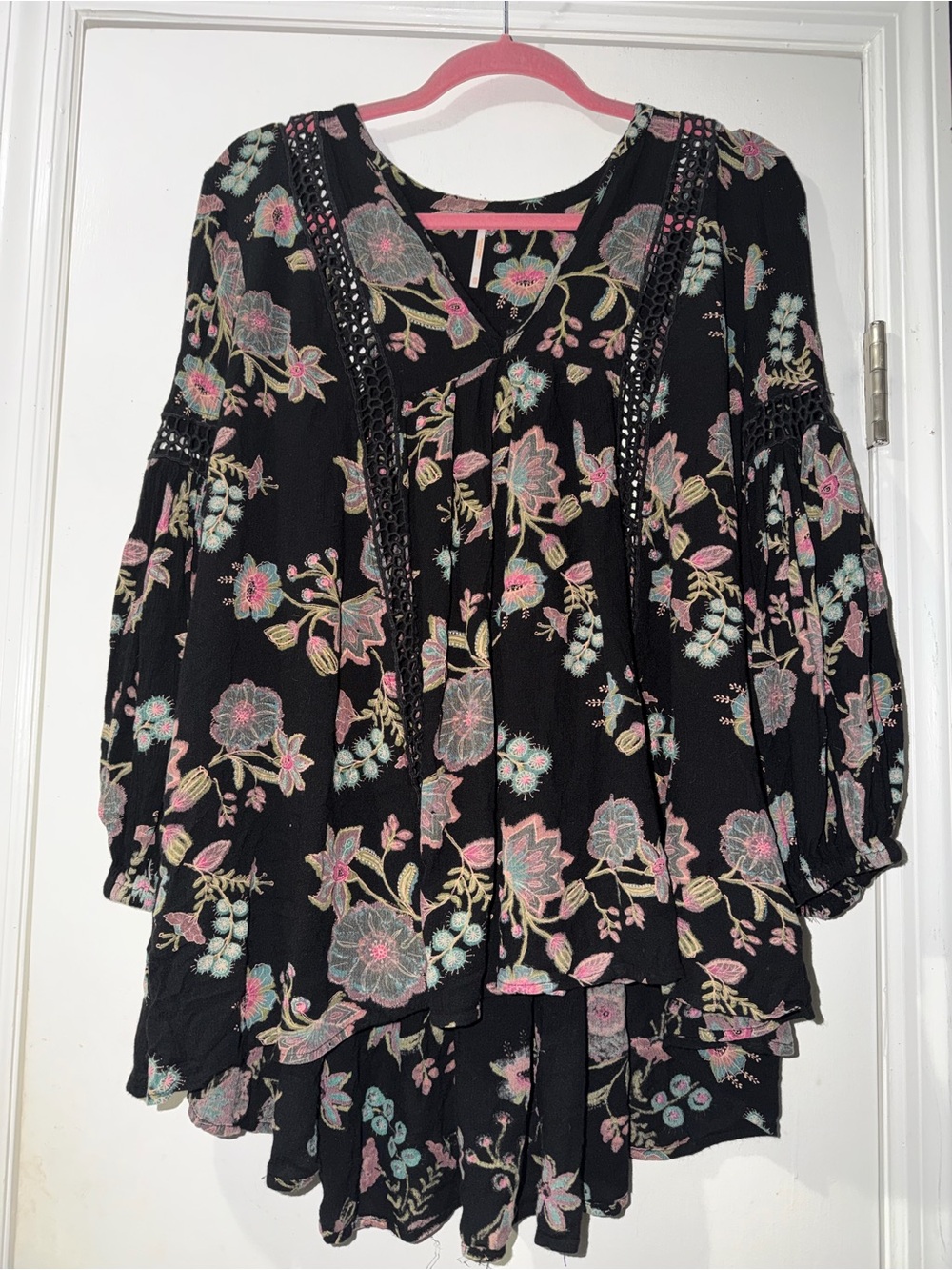 Free People Black Floral Tunic with Pink & Mint Embroidery Accents - Fits a Med